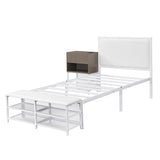 Twin size Metal Platform Bed with Two-Tier Storage Shelves, Wooden Storage Cabinet, White N737P199330K