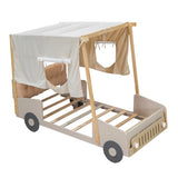 Wood Twin Size Car Bed with Pillow, Ceiling Cloth and LED, Natural WF309288AAM