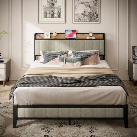 ZUN Queen Size Bed Frame with Charging Station, Upholstered Headboard, Metal Platform, Grey 66860772