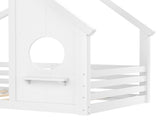 Twin House Floor Bed with Window and a Small Shelf, Solid Wood Floor Bed with House-shaped Roof, No W1580P362678