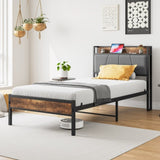Twin Size Bed Frame, Storage Headboard with Charging Station, Solid and Stable, Noise Free, No Box W840120026