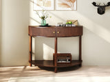 Artisan-Crafted Wave-Pattern Demi-Lune Console Table with Brown Woodgrain,Unique Half Moon Design 00611701