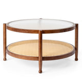 31.5in Rattan Coffee Table with Glass Top, Round End Table, Boho Style Side Table Sofa End Table for 55056269