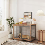 ZUN Furniture Style Dog Crate Side Table onheels with Double Doors and Lift Top. Rustic Brown, 43.7'' W116294466