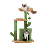 ZUN Cactus Cat Tree Cat Tower with Warmy Condo, Plush Perches, Sisal Scratching Post and Fluffy Balls 97073678