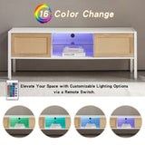 54.33" Rattan TV cabinet with variable color light strip, double sliding doors for storage, W1265121751
