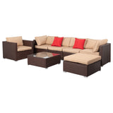 ZUN 7 Pieces Wood Grain Patio PE Wicker Rattan Corner Sofa Set 38435070