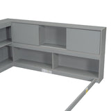 ZUN Full Floor Bed with L-shaped Bookcases, sliding doors,without slats,Grey W504P146191