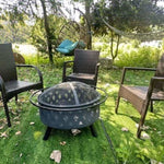 ZUN Round fire pit with net cover, fire poker, diamond mesh, metal wood burning outdoor fire pit, W1951P254205