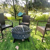 Round fire pit with net cover, fire poker, diamond mesh, metal wood burning outdoor fire pit, W1951P254205