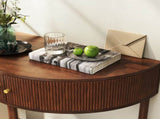 Artisan-Crafted Wave-Pattern Demi-Lune Console Table with Brown Woodgrain,Unique Half Moon Design 00611701