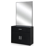 ZUN 15% E0 chipboard linen top 1 drawer 1 door with mirror Salon cabinet black 25921468