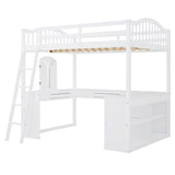 ZUN Full Wooden Loft Bed with U-shaped Desk,Storage Compartments and Tri-fold Mirror, White 71431452