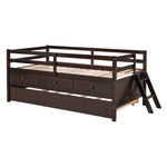 ZUN Low Loft Bed Twin Size with Full Safety Fence, Climbing ladder, Storage Drawers and Trundle Espresso WF312991AAP