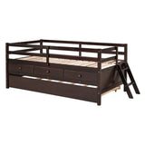 ZUN Low Loft Bed Twin Size with Full Safety Fence, Climbing ladder, Storage Drawers and Trundle Espresso 95642683