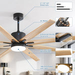 ZUN 76 Inch Indoor Ceiling Fan With Dimmable 3 Color Led Light 8 Solid Wood Blades Remote Control W882P147261