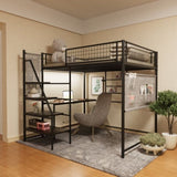 Full size loft metal bed with black for bedroom and dormitory, with built-in charging station and 69416959