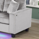 Sorenza 74"W Gray Velvet Reversible Sectional Sofa Chaise with LED Light, USB Port, Nailhead Trim, B061P284875
