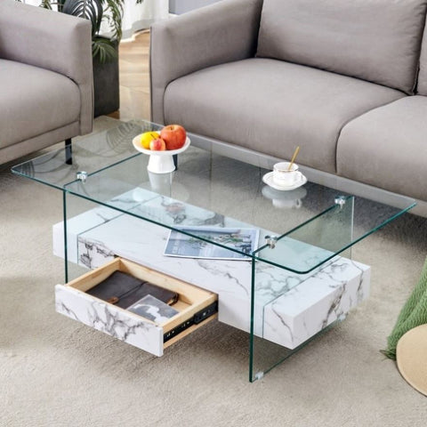 ZUN 43.3 Inch Modern Two-Tier Coffee Table - Clear Tempered Glass and White Marble Texture, W1151P232633