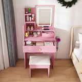 3-Color LED Vanity Mirror with Stool, Pink Dressing Table for Bedroom, 2 Drawers & 5 Storage 97085994