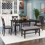 ZUN 6-Piece Kitchen Dining Table Set Wooden Rectangular Dining Table, 4 Fabric Chairs and Bench Family 82897047