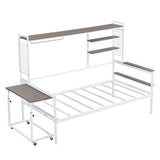 ZUN Twin size Metal Daybed with Movable Desk, Metal Grid, Shelves and Clothes Hanger, White N737P199195K