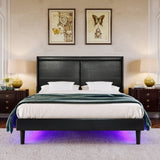 ZUN Queen PU Leather Upholstered Bed Frame with Lights,Platform Bed Frame with Stitched Wing-Backed W69167506