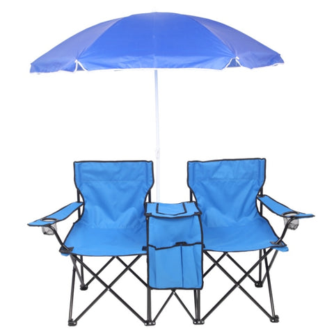 ZUN Portable Outdoor 2-Seat Folding Chair with Removable Sun Umbrella Blue 64234063