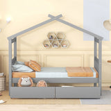 Twin Size Wooden House Bed with Drawers, Gray 38831000