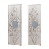 Set of 2 Large Wooden Wall Art Panels with Distressed White Finish and Round Mirror Accents,17" x W2078130284