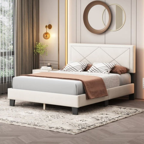 ZUN Simple Queen Size Upholstered Bed Frame with Rivet Design, Modern Velvet Platform Bed with WF322805AAA