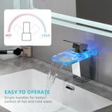 Bathroom Sink Faucet LED Light 3 Colors Changing Waterfall Glass Spout Hot Cold Water Mixer Single W1932P148104