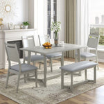 ZUN Farmhouse 6-Piece Wood Dining Table Set with 4 Upholstered Chairs and Bench, Gray 64284000