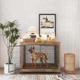 ZUN Furniture Style Dog Crate Side Table onheels with Double Doors and Lift Top. Rustic Brown, 43.7'' W116294466