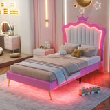 Twin Size Upholstered Bed Frame with LED Lights, Modern Upholstered Princess Bed with Crown W2770P190377
