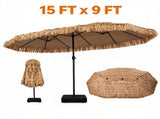 15x9ft Double-Sided Tiki Patio Umbrella with Heavy Duty Weighted Base , 12 Metal Ribs Hawaiian PE 21507718
