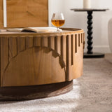 Coffee Table Round Wood Modern Solid Wood Veneer Handcrafted Relief Tea Table with Sturdy Pedestal W3158P323243