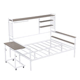 ZUN Full size Metal Daybed with Movable Desk, Metal Grid, Shelves and Clothes Hanger, White N737P199321K