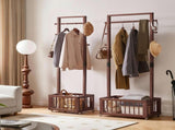 Solid Wood Freestanding Coat Rack with Rolling Wheels & Storage Basket, 27.56"15.75"70.87", Walnut W5368P553521