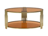 Modern Brown Glass Coffee Table, Asymmetrical Metal, Circular Metal Drum Base, Gold Finish & Lower N735P177478D