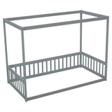 Twin Size Canopy Frame Floor Bed with Fence, Guardrails,Grey W504P143277