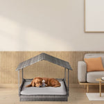 ZUN Wicker Dog House, Elevated Rattan Dog Bed with Canopy and Washable Cushion Cover, Indoor Outdoor 91931559