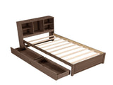 Modern Twin Size Bed Frame With Built-in USB Port on Bookcase Headboard and 2 Drawers for Walnut 68014174