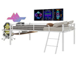 Full Size Metal Loft Bed with Built-in Desk & LED Light Strip, White Loft Bed Frame with Safety W1935P463341