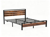 Queen Size Metal Wood Platform Bed Frame, 3-Panel Fire Burnt Brown Wood Grain Headboard with LED 63949330