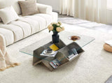 Tempered Glass & MDF Table with Carved Knife Wood Grain, Multi-Storage Open Compartments W3875P387030