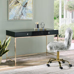 ZUN Black High Gloss and Gold 2-drawer Writing Desk B062P184559