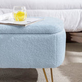 Blue Storage Ottoman Bench for End of Bed Gold Legs, Modern Grey Faux Fur Entryway Bench Upholstered W1170104171
