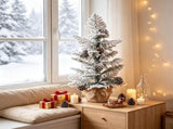 3ft Mini Potted Christmas Tree, Snow-Flocked Cypress Style with 7 Pine Cones, 25 Branch Tips, Cement 53368362
