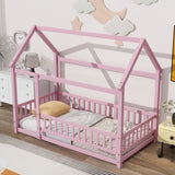 ZUN Twin Size Floor Wooden Bed with House Roof Frame, Fence Guardrails,Pink W504P174635